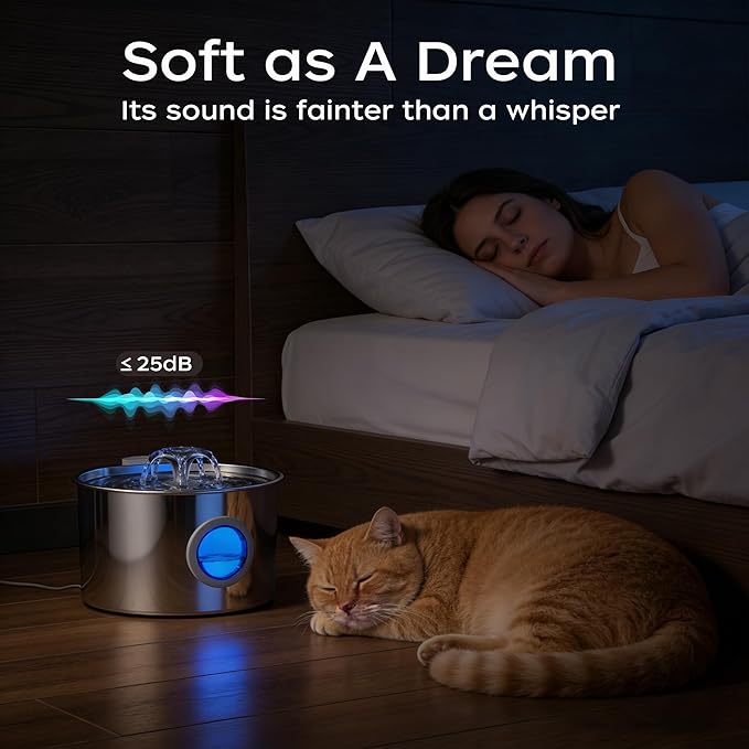 3.2L/108oz Cat Water Fountain, 304 Stainless Steel Top, Detachable Tank Makes Cleaning a Breeze, Ultra-Quiet Pump for Light Sleepers, for Multiple Cats, No More Dirty Plastic
