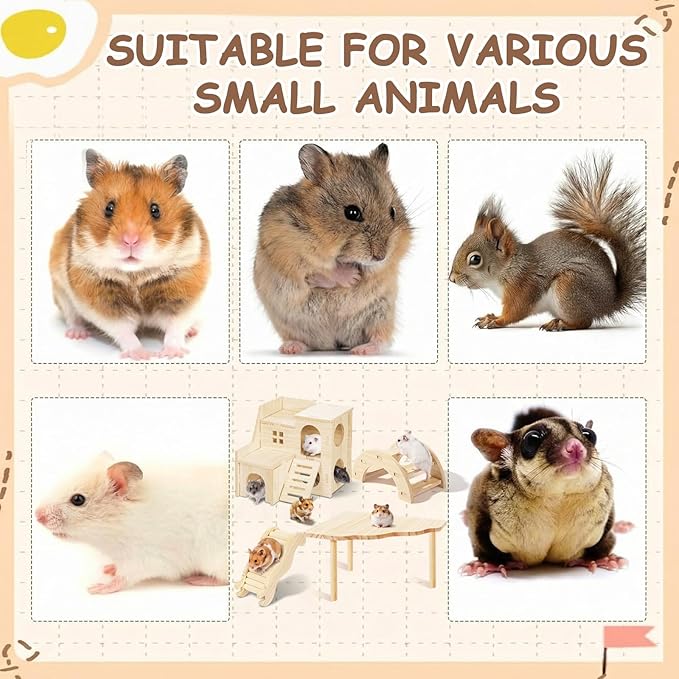 BreezeHug 4 Pcs Hamster Platform Hideout Wooden Tunnel Ladder Playhouse Hamster Game Climbing Toy with Platform Cage Accessories for Pets Dwarf Syrian Mice Degus Gerbils Squirrel(Villa)