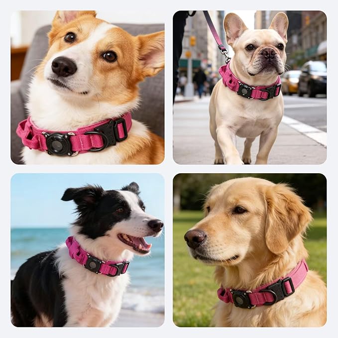 Upgraded AirTag Dog Collar,Waterproof Tactical Dog Collar with AirTag Holder, Control Handle and Metal Buckle,Heavy Duty Dog Collars for Large Dogs (Rose Red,M