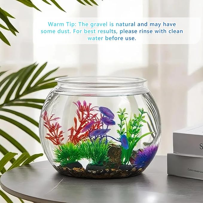 1 Gallon Plastic Betta Fish Bowl with 6 Pcs Artificial Plastic Plants and 500g Decorative Gravel, Betta Fish Tank and Decoration Accessories Small Large Bowl Ornaments Starter Kit