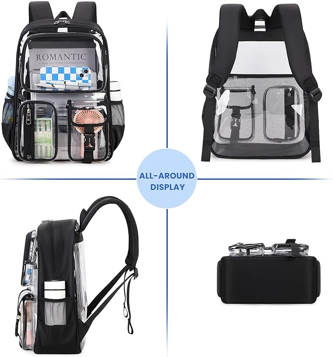 MUSEVOS Clear Backpack for School, Heavy Duty Clear Bookbag for Girls Boys Transparent Backpack with Badge Holder, Black