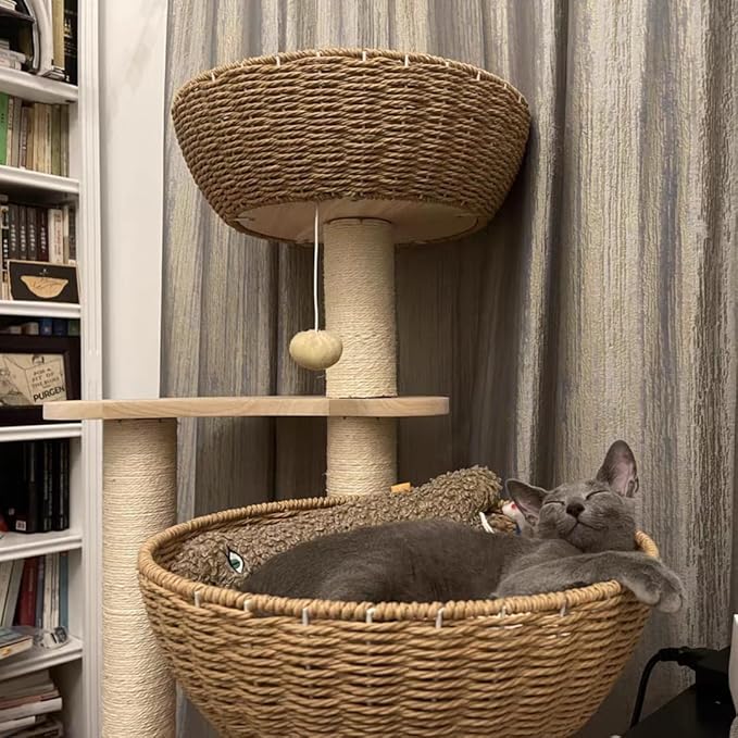 Modern Wood Cat Tree for Large Cats,Luxury Rattan Oak Solid Cat Trees Towers,3 Weaving Cat Nests & Washable Cushions, Sisal Scratching Posts,Cat Condo for Indoor Cats, Varnish, Easy Clean (Large-O1)