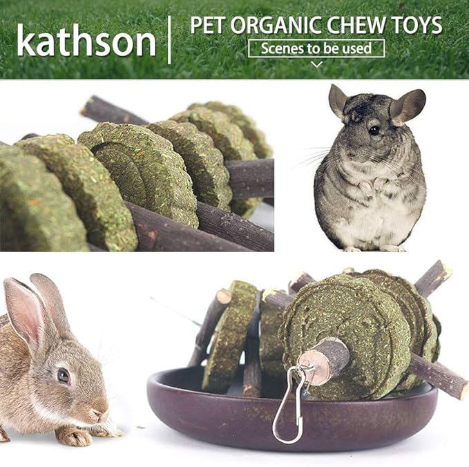 kathson 4PCS Bunny Chew Toys for Teeth Grinding, Chinchilla Treats Organic Bamboo Sticks Natural Fruitwood Branches for Rabbits Guinea Pigs Hamsters (Fruitwood Sticks+Alfalfa Cakes)