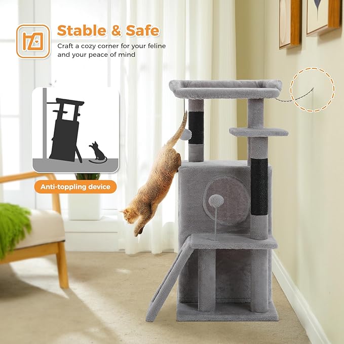PETEPELA Cat Tree for Indoor Cats, 34.6" Small Cat Tower with Scratching Posts, 2 Condos, Scratching Ramp & Dangling Toys, Cat Play House for Multi-Cat Households, Black
