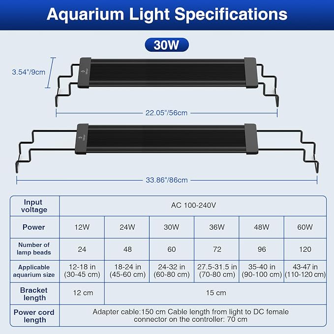 fishkeeper Aquarium Light, LED Fish Tank Lights with Auto Time Sync & 24/7 | IP68 Waterproof Extendable Bracket DIY Full Sprctrum Aquarium Plant Lights with Timer/Dimming, Memory Function for 24-32inch
