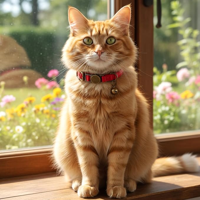 salbsever Red Cat Collar, Breakaway Leather Cat Collar Adjustable Red Kitten Collars with Bell Quick Release Buckle for Most Cats and Kittens