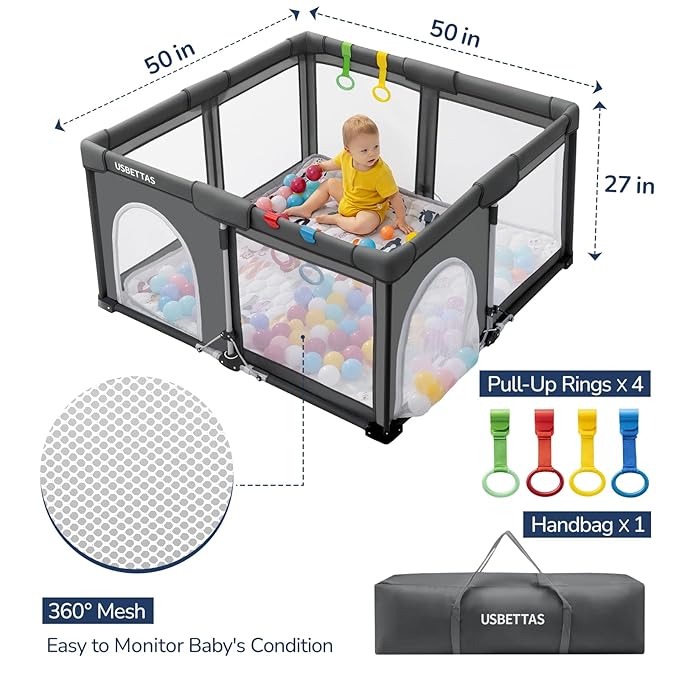 Foldable Baby Playpen, 1-Minute Setup, Lightweight Portable Playpen with Carry Bag, 50"x50" Indoor Outdoor Safty Play Yard for Babies & Toddlers, Dark Gray
