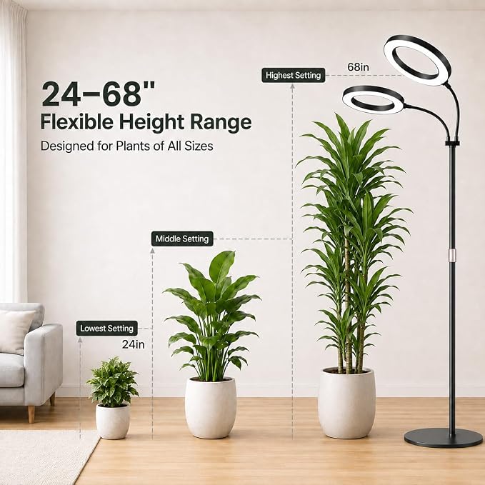 LBW 10.2in Grow Lights for Indoor Plants, Plant Grow Light with Stand | 2-Head, 6/8/12/16H Auto ON/Off Timer, 5 Dimmable Levels, Adjustable Height, 3 Lighting Modes, Black, for Extra Large Plants