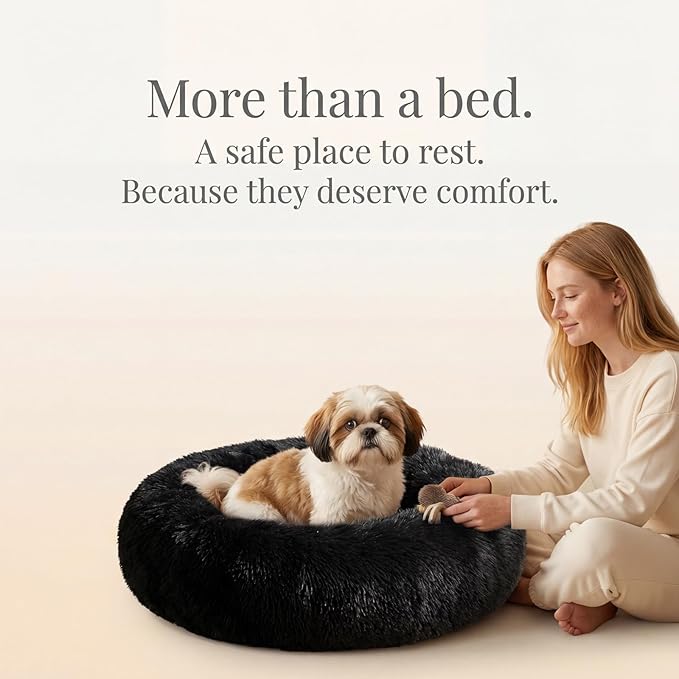 Calming Donut Dogs Beds for Small Dogs Washable,23inch Plush Round Pet Bed for Cozy Sleep,Fluffy Faux Fur Large Cat Bed,Fits up to 25 lbs Pets,Black