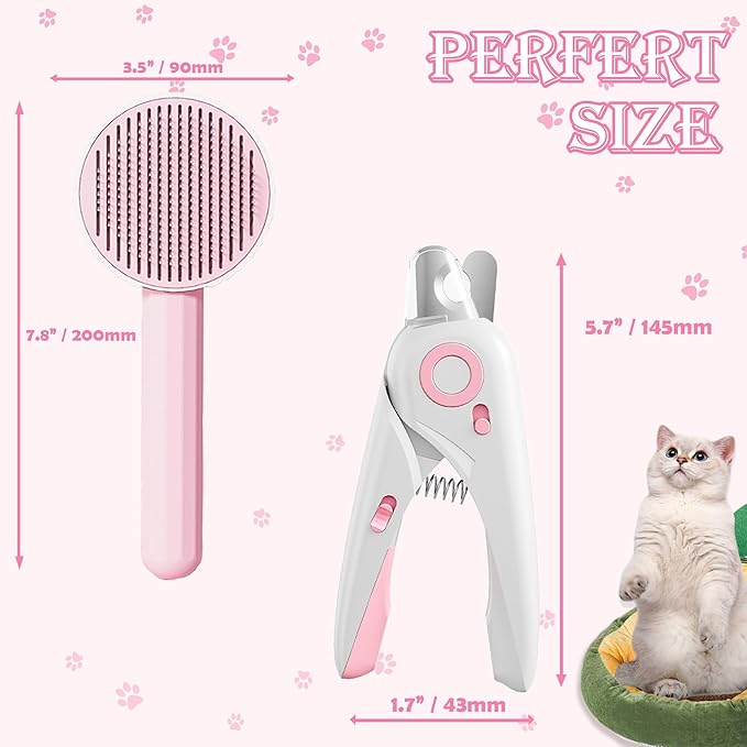 Self Cleaning Cat Brush for Shedding, LED Light Nail Clipper, Nail Clipper and Nail File, Slicker Brushes and Nail Trimmer for Long Haired Cats, Grooming Kit, Cat Lover Gifts