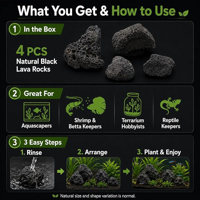 2–3.1 Inches Natural Black Lava Rocks, 4PCS Small Aquarium Rocks for Aquascaping, Fish Tank Decor, Nano Tanks, Terrariums & Reptile Enclosures (Small 2–3.1 in)