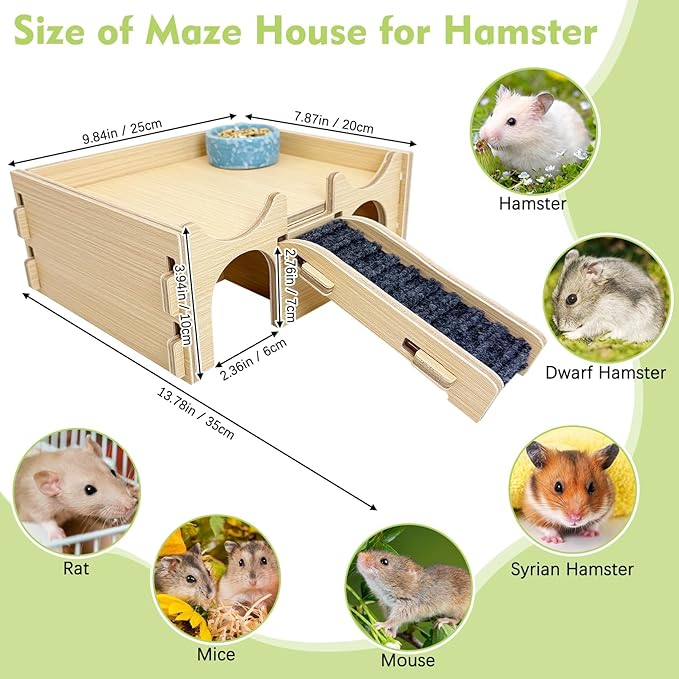 BNOSDM Wooden Hamster Hideout Syrian Hamsters Multi-Room Hideouts & Tunnel Exploring Toys Gerbils Wood House with Ladder for Dwarf Mouse Mice Rat and Other Small Animals