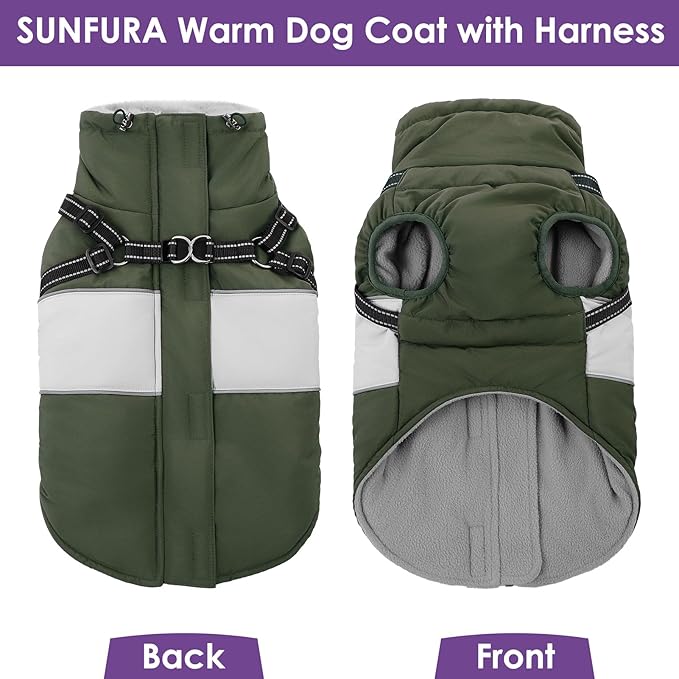 Dog Coat, XXXL Dog Jacket Winter with Harness Built in, Waterproof Pet Snow Jacket with Furry Collar for Chilly Day, Reflective Fleece Snowsuit for Extra Large Dogs, Army Green 3XL