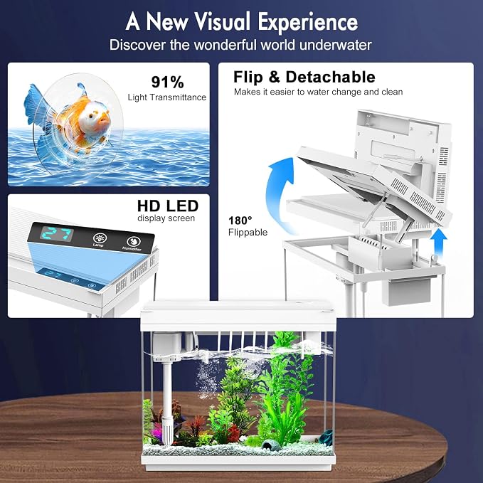 Smart Aquarium Fish Tank with Silent Water Pump, 2.4 Gallon Small Aquarium with Quick Start Kit, Temperature Display, Humidifier and RGB Lights, Perfect for Home, Office, and Decor, White
