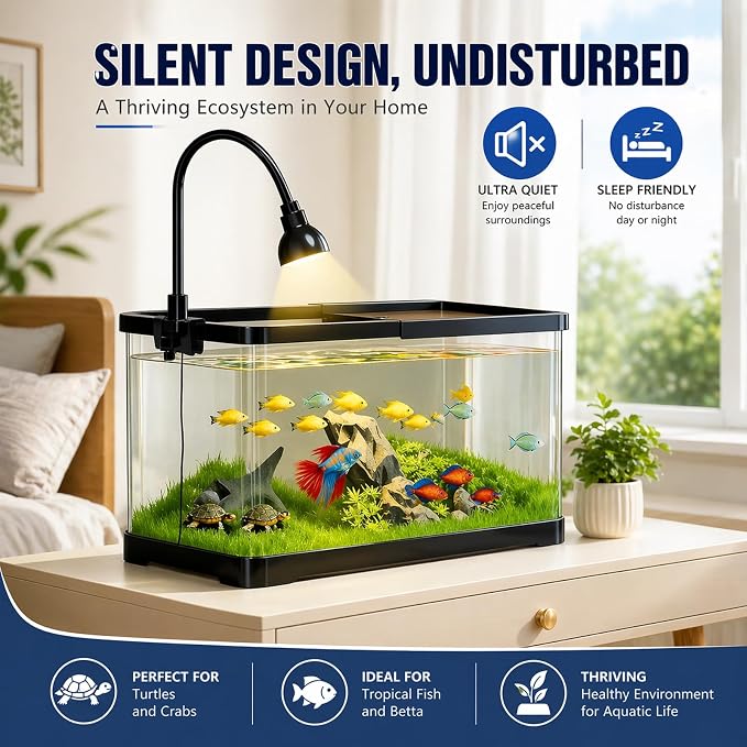 5 Gallon Fish Tank Starter Kit for Betta Shrimp Guppy & Neon Tetra | Clear AS Plastic Desktop Aquarium with Bottom Drain, LED Light, Air Pump, Lid, Fish Net, Aquatic Plants and Pebbles for Home