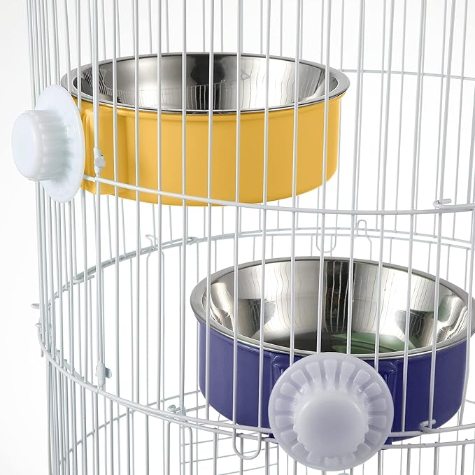 Amyhill 12 Pcs Crate Dog Bowls Bulk Removable Stainless Steel Hanging Food Water Feeder Bowl Pet Kennel Cage Coop Cup for Cat, Puppy, Birds, Rats, Ferret, Guinea Pigs, 3 Colors
