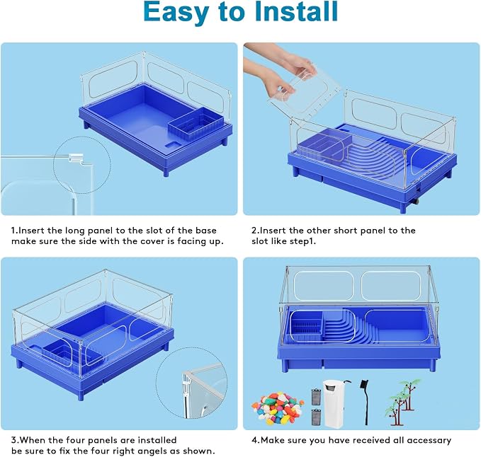 Small Turtle Tank with Filter for Baby Turtles | Blue Clear-Panel Habitat, with Basking Platform and Bottom Drain, Low-Water Starter Aquarium, for Crabs and Small Reptiles
