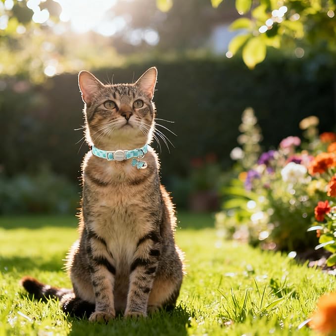 2 Pack Green Flower Cat Collars Breakaway with Bell, DOGWONG Safety Buckle Green Plaid Cute Cat Collar for Girl Boy Cats,Adjustable 7-12 Inch