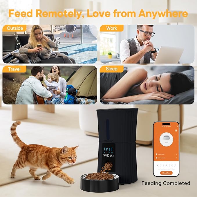 NEWBULIG 4L Automatic Cat Feeder with APP, Timed Pet Feeders for Dry Food with Portion Control, 1-10 Meals Per Day, Dog Food Dispenser with 10s Voice Recorder, Dual Power Supply, Desiccant Bag(Black)