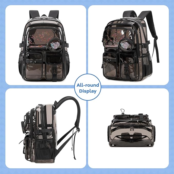 Clear Backpacks for Stadium Events Heavy Duty Clear Bookbag for School Girls Transparent Back Pack, Black Semitransparent