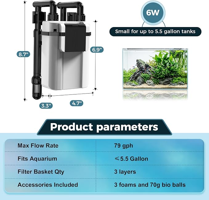 hygger Small Aquarium Hang On Back Canister Filter, Adjustable Flow Quiet Fish Tank Filter with Oil Skimmer,3 Outlet Nozzles,Filter Sponges & Ceramic Balls(6W,≤5.5 Gallon)