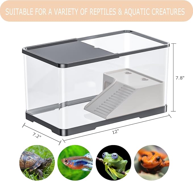 Turtle Tank Starter Kit, Upgraded Aquarium Fish Tank Kit with Filter,Fish Net, Reptile Habitat with Adjustable UV Lamp & Lid,Bask Platform for Crabs,Amphibians,Reptiles.(12"x7.7"x7.2")