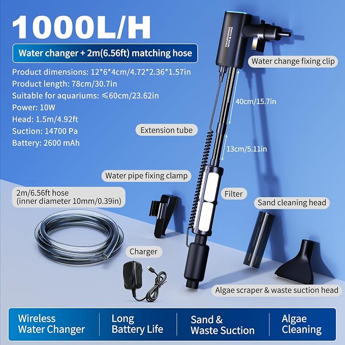Cordless Gravel Vacuum Aquarium Cleaner for 5-10 Gallon,6-in-1 Automatic Fish Tank Cleaning Tools 2600mah Rechargeable Fish Tank Vacuum Small Tanks Change Water Wash Sand(10w)