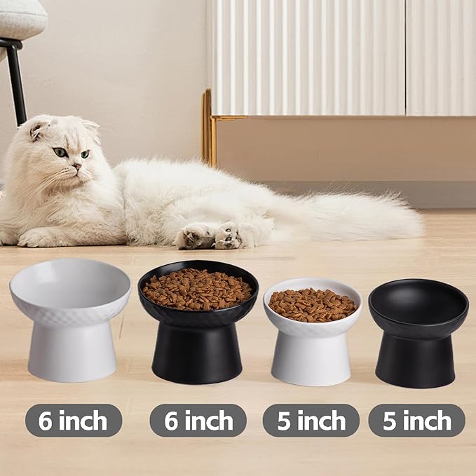 6 inch Small Ceramic Raised Cat Bowls, Tilted Elevated Food or Water Bowls, Stress Free, Backflow Prevention, Dishwasher and Microwave Safe, Lead & Cadmium Free(White 6 inch 2pc)