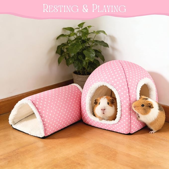 Guinea Pig Hideout and Play Tunnel Set, Washable Fleece Bed for Dwarf Rabbits, Bunnies, Chinchillas, Small Animal Toys - Pink Dot