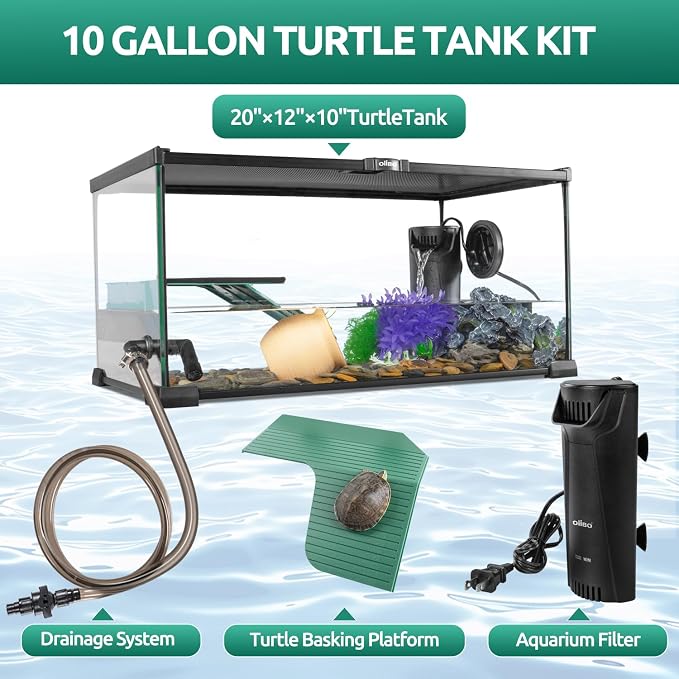 Glass Turtle Tank Kit, 10 Gallon 20" x 12" x 10" Turtle Tank Starter Kit with Drainage System, Basking Platform and Quiet Aquarium Corner Internal Filter Aquatic Turtle Terrarium