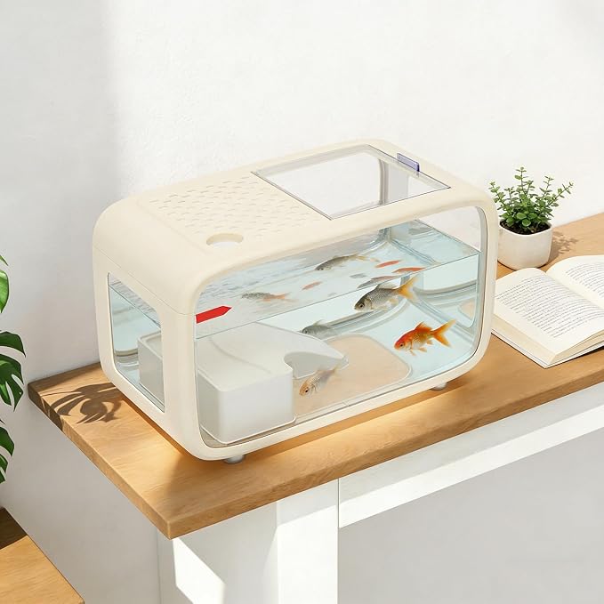 Desktop Fish Tank, 3.17 Gal Fish Tank with Top Feeding Hole, White Aquarium with Climbing Frame for Small Fish, Clear View Betta Tank for Home Office, Easy Maintenance (White)