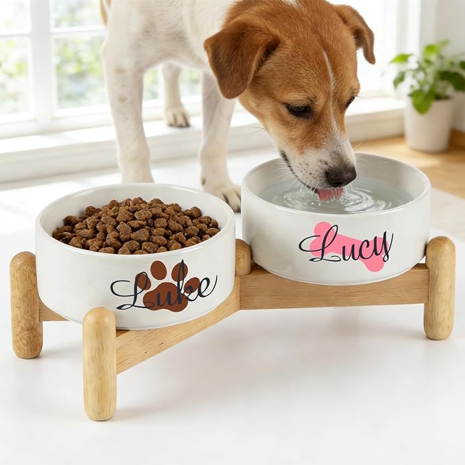2 Pack Custom Ceramic Dog Bowl, Personalized Food & Water Dish with Photo Name, Cat and Dog Food Bowl with Wood Stand Non-Slip Matte Glaze Weighted