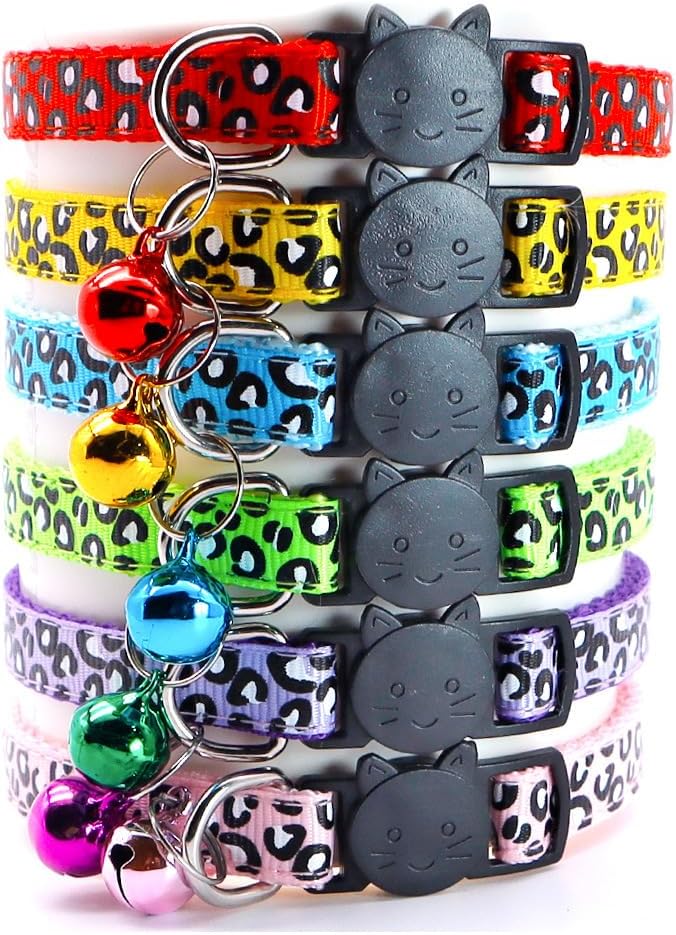 Reflective 2 Pack Breakaway Cat Collars with Bell Leopard Pattern Cute Kitty Adjustable 7.5-12.5 Inch Safe Kitten Collars Charms (Red)