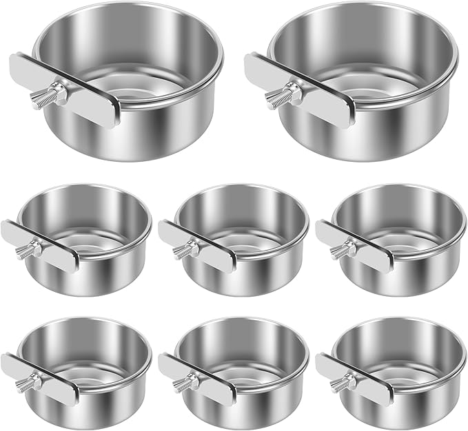 8 PCS Stainless Steel Bird Feeding Bowls, Bird Water Bowls with Clamp Holder, Parrot Food Dish Cups,Parrot Cage Coop Feeders for Cockatiels,Conure,Budgies,Finches,Parakeet and Similar Birds