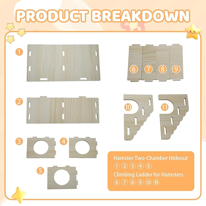 2-Chamber Hamster Tunnel & Wooden Climbing Ladder Bridge,Wooden Hamster Hideout with Ladder for Dwarf Syrian Hamsters Gerbils Mice or Other Small Pets