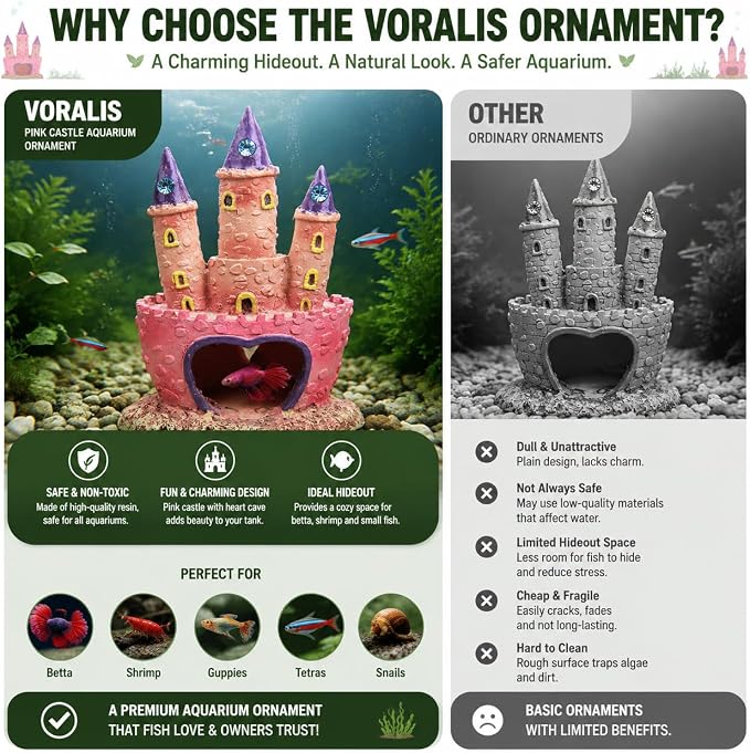 Pink Castle Resin Aquarium Ornament, Large Fish Tank Decoration with Heart-Shaped Cave, Betta Hideout for Freshwater and Saltwater Tanks