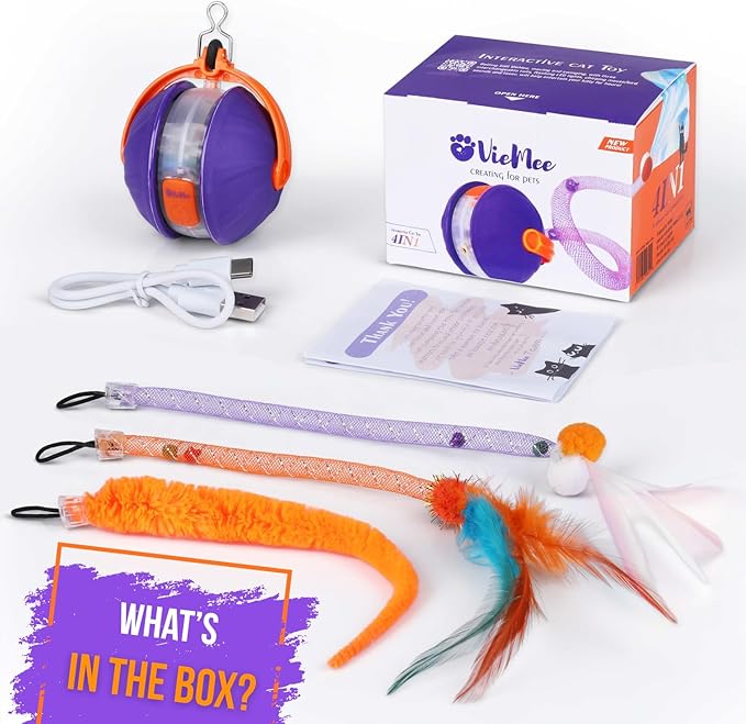 Automatic Cat Laser Toy 4-in-1, Interactive Ball & Laser Pointer for Indoor Cats with 3 Interchangeable Tails, Rechargeable Teasing Pet Toy for Kittens & Adults