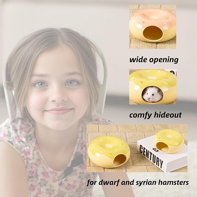Hamster Hideout Ceramic,Small Pet Furniture,Donut-Shaped Small Pet Cage Cooling House,Summer Cage Accessories (Pink,S)