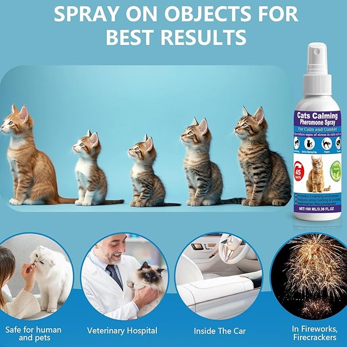 Cat Calming Pheromone Spray for Stress & Anxiety Relief – Reduces Scratching, Urine Spraying, Hiding – Drug-Free & Vet Recommended – Feline Calm Spray with F3 Facial Pheromone 2 * 100mL 8.5oz