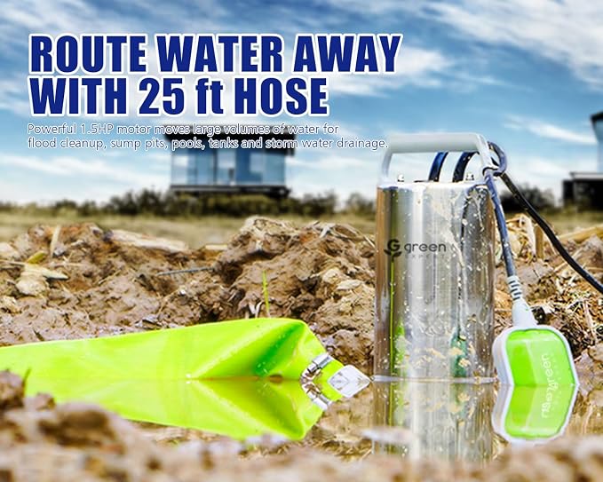 Green Expert 1.5HP Submersible Sump Pump Kit with 25 ft Lay-Flat Discharge Hose, 6000 GPH 304 Stainless Steel Water Removal Pump with Tethered Float Switch for Basement, Sump Pit & Pool Drainage