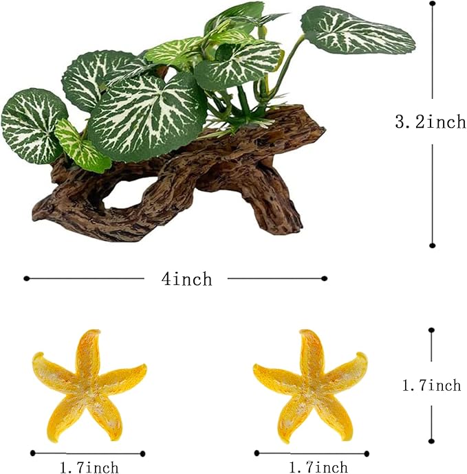 Star-Fish Silk Leaf pad Hammock Artifical Driftwood cave Fish Tank Decorations, Aquarium Decor Driftwood cave x 1pc, Fish Tank Accessories Starfish x 2pcs