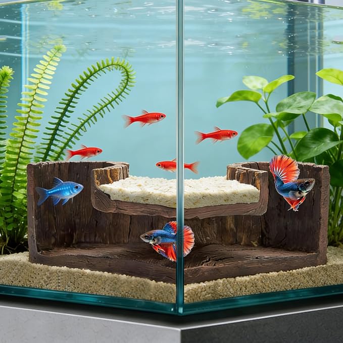 Fish Tank Accessories, Resin Natural-Looking Wood-Like Aquarium Cave, Tunnel Cave & Hideout for Aquarium, Fish Tank Decorations for Guppy, Neon Tetra, Corydoras Catfish, Betta