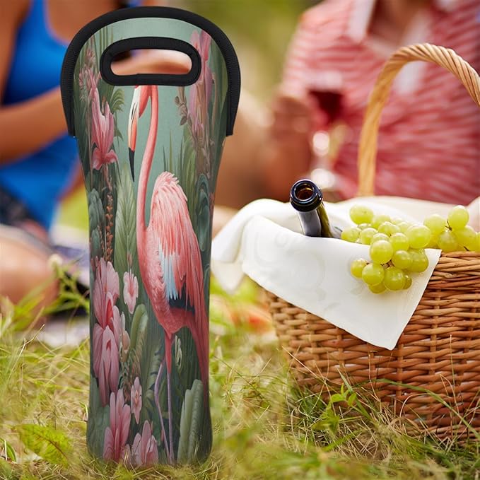 Flamingo Tropical Flowers Wine Bag Single Bottle Wine Tote Bag Neoprene Wine Carrier Bags with Carry Handle Portable Wine Bottle Holder for Travel Party Picnic