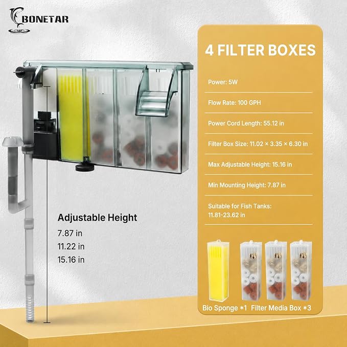 BONETAR Aquarium Filter for 15-30 Gallon Fish Tanks, Easy Change Replaceable Filter Cartridge, Customizable Media Chamber, Quiet Water Filtration for Freshwater & Saltwater Aquariums | Ultra-Quiet Customizable