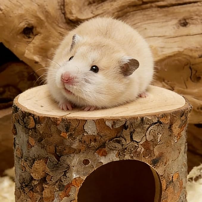 Hamster Hideout, Natural Wooden Habitat House for Hamsters & Other Small Pets - Hideaway Shelter with Entry Holes for Cage Enrichment
