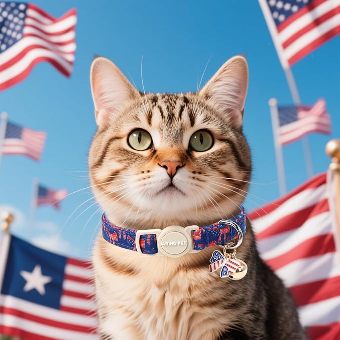 ARING PET 2 Pack American Flag Cat Collar-Cute 4th of July Independence Day Kitty Collars with Bell & Pendant, Adjustable Patriotic Kitten Collars with Safety Buckle