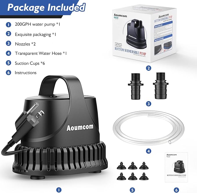 200GPH Submersible Water Pump, 10W Water Fountain Pump, Aquarium Pump, 750L/H Water Pump with 7ft Power Cord for Garden Fountain, Water Table, Waterfall, Fish Tank, Pond, Hydroponics