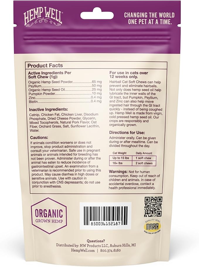 Hemp Well Cat Hairball Soft Chews for Cats, Hairball Control & Digestive Support, Organic Hemp Seed Powder, Pumpkin Seed & Psyllium Fiber, Skin & Coat Support, Chicken Cheese & Catnip Flavor, 60 Ct