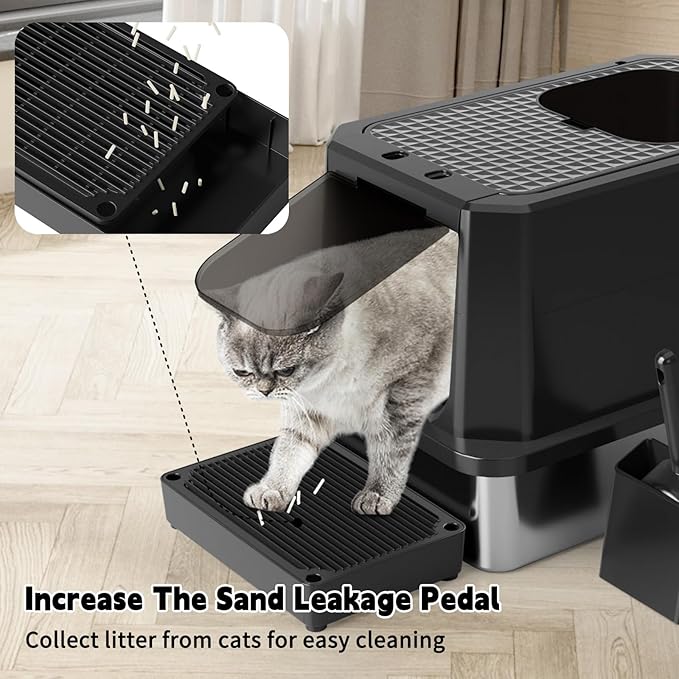 RIZZARI Enclosed Cat Litter Box: All Black Stainless Steel - Odor-Resistant & High-Sided - Teflon Non-Stick Coating for Quick Cleaning - Large Top-Exit Pan for Modern Homes Balcony