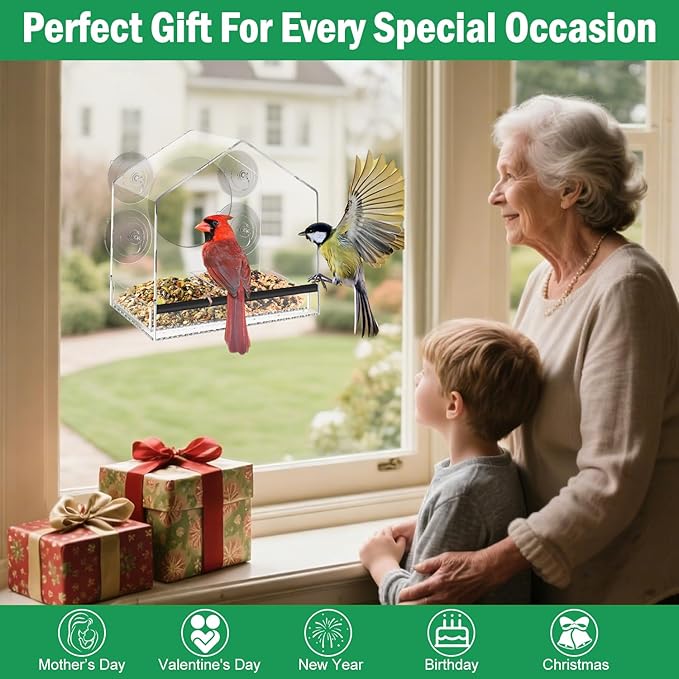 Window Bird Feeder with 4 Extra Strong 2.36'' Suction Cups - 4.35' Extra Deep Removable Tray for Large Capacity, Clear Birdhouse for Outside Viewing, Gift for Cardinals, Finches & Bluebirds